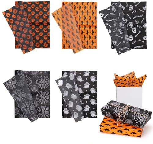 30 Blatt Halloween Verpackungsseidenpapier, 5 Arten von Halloween Geschenkseidenpapier Geschenkpapier Geschenkpapier für Halloween Party Geschenkdekorationen