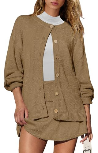 Panadila Damen-Pullover-Skort-Set, 2-teilig, Lounge-Set, übergroße Strickjacke, Pullover, Rock, passende Outfits, Khaki, S