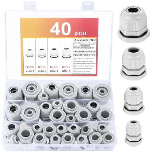 40 Pcs Cable Glands M12 M16 M20 M25, IP68 Waterproof Cable Glands Mixed Set, Stuffing Glands, Plastic Nylon Cable Connectors, Cable Conduit Compression Glands Connectors, with Locknut & Washer