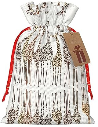 HJLUUFT Jutebeutel mit niedlichem Cartoon-Giraffen-Druck, Weihnachtsgeschenktasche mit Kordelzug und Geschenkanhänger, für Hochzeit, Weihnachten, Party