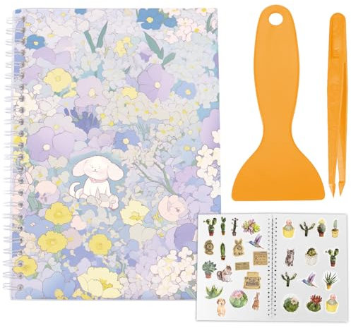 CRASPIRE Álbum de Colección de Pegatinas Reutilizables A5 con Pinzas Y Raspador Organizador de Pegatinas En Blanco 40 Hojas de Papel Desprendible Cubierta de Flores de Cachorro Resistente Al Agua