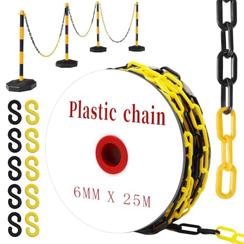 YUJUVI 25m Cadena de Plástico Cadena Barrera Cadena Barrera de Plástico Ø6mm Cadena de Barrera Negro y Amarillo con 10 ganchos en S para Cerrar Superficies, Muy Visible, Estable y Manejable