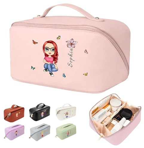 Personalisierte Make-up-Tasche mit Cartoon-Charakteren, mit Geburtsblume und Namen, individuelle Kosmetiktasche für Damen, tragbar, wasserdicht, PU-Leder, Reise-Make-up-Tasche, einzigartiges Geschenk