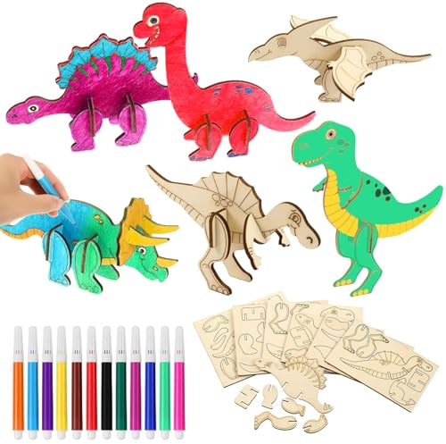 YSYZM 12 Stück 3D Dinosaurier Holz Bastelset mit Farbstiften – Kreatives Holzpuzzle zum Bemalen für Kinder, Dino Mitgebsel für Kindergeburtstag, Basteln & Malen für Jungen und Mädchen