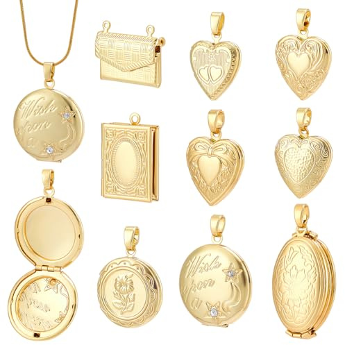 AHANDMAKER 9 Stück 9 Stile 18K Vergoldete Medaillon Anhänger Messing Foto Herz Rahmen Anhänger Memory Medaillon Charms Für DIY Halskette Armband Schmuckherstellung