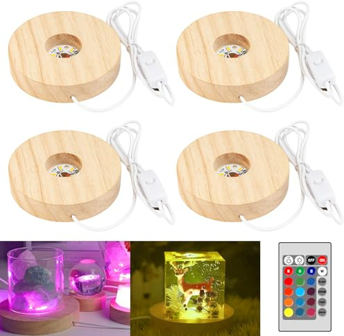 GOEDCH LED Holzsockel: 4 Stück Rund LED Lichtsockel, 7 Farben Einstellbar LED-Leuchten Display-Basis, USB LED Lampensockel aus Holz für Kristallkugeln, Schmuck, Acryl, Glas und Harz（10cm）