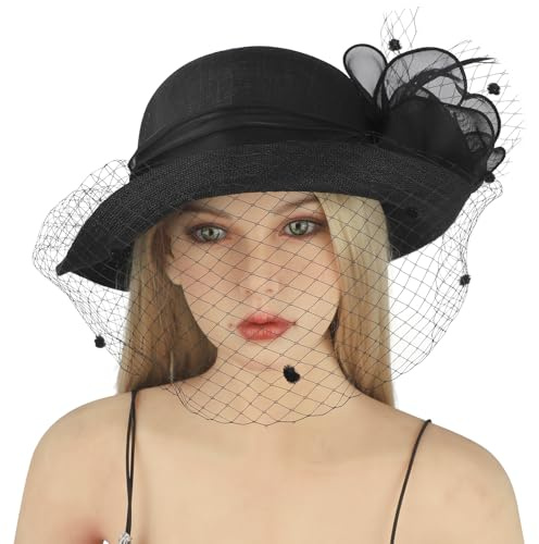 Damenhut mit Schleier, Fascinator, Blume, Kirche, Hochzeit, Braut, Teeparty, Hüte, Bowler, Glocke, Sonnenhut, Schwarz, Einheitsgröße