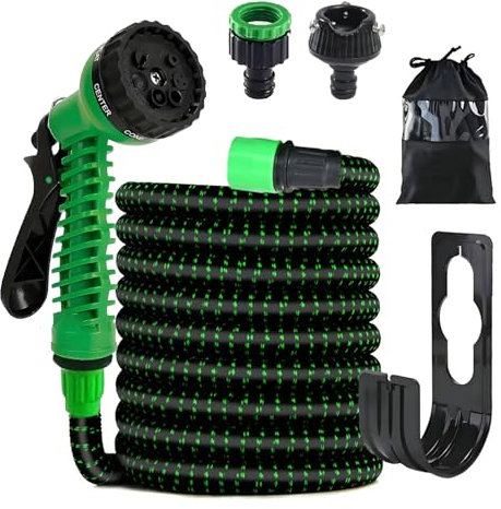 Flexibler Gartenschlauch, 15m Länge, 3-Lagiger Latex, 3/4 Zoll und 1/2 Zoll Anschluss, 7-Funktions-Sprühpistole