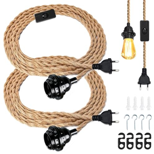2 Stück Vintage Hanfseil Pendelleuchte Kit 4.5M Kabel, E27 Stecker Schalten, DIY Hängeleuchte für Industrie, Bar, Balkon