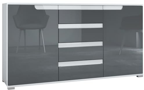 Vladon Sideboard Sylt V1, Kommode mit 2 Türen und 4 Schubladen, Korpus - Weiß matt/Front - Grau Hochglanz/Absetzung - Weiß Hochglanz (138,5 x 75,5 x 35 cm)