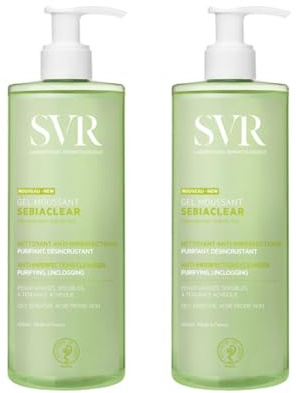 Sebiaclear Gel Moussant – Nettoyant Visage & Corps Peaux Mixtes à Grasses – Désincruste les Pores, Purifie, Matifie – Sans Savon – Peaux Sensibles à Tendance Acnéique – Lot de 2x400ml