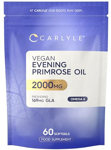 Vegan Evening Primrose Oil 2000mg with Vitamin B6 & E | Providing High Strength 180mg GLA (Omega-6) | 60 Vegan Softgels | by Carlyle