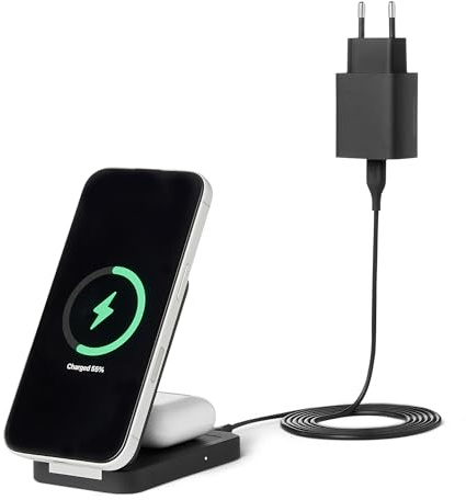 Amazon Basics MagSafe-Kompatible 2-in-1-Schnellladestation, max. 25W, Qi 2.2-Zertifiziert, Klappständer für iPhone 17/16/15/14/13/12 und AirPods, mit Adapter (max. 45W), Schwarz
