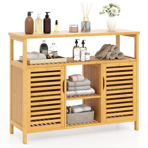COSTWAY Badezimmerschrank aus Bambus, Badregal mit 2 Lamellentüren & offenen Regalen, freistehender Aufbewahrungsschrank, Badschrank für Badezimmer, Küche & Esszimmer, 100 x 35 x 80 cm