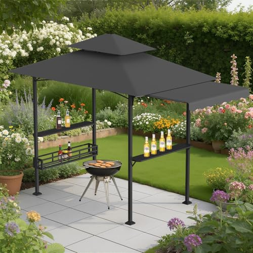 Peviasot Grillpaviljong vattentät med markis, dubbla våningar, trädgårdspaviljong, väderbeständigt, grillskydd för trädgård, UV-skydd för BBQ fest, 328 x 148 x 250 cm, grå