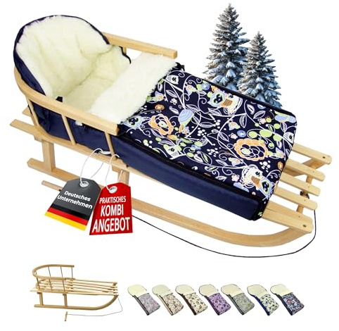 BambiniWelt Kombi-erbjudande träsläde med ryggstöd och dragrep universell vinteråkpåse (108 cm), även lämplig för babystol, barnvagn, buggy, gjord av ull i uggledesign (uggla $8)