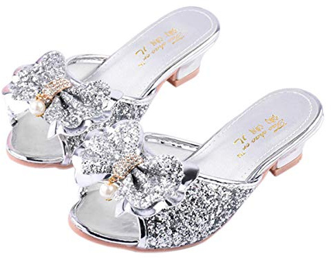 Monissy Principessa Elsa Mules Tacco Alto Pantofola Bocca di Pesce Paillettes Due Fiocchi di Pelle Elsa Distintivo Distintivo Perline Colorate con Intarsio di Cristallo Scarpe，Argento,29