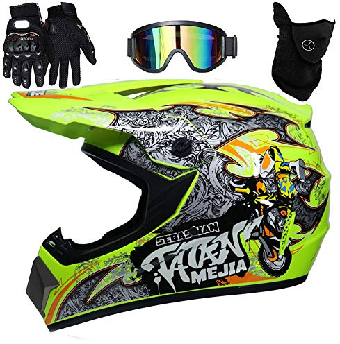 UIGJIOG Casque Moto Enfant, Casque de Cross pour Enfant, avec Goggle/Gants/Masque, D. O. T Standard, pour BMX MTB Quad Enduro ATV Scooter