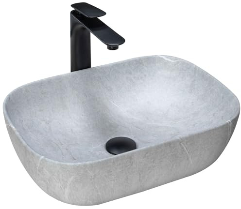 Rea Waschbecken Waschtisch Aufsatzwaschbecken Keramik Handwaschbecken Aufsatz Waschschale Rechteckig Stein Marmor 33x46 Grau