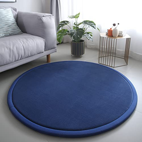 Loartee korallenrote Samtmatte Teppich Rund, als Krabbeldecke fürs Kind,2,5cm Dicker Kinderteppich,Navy blau,100cm