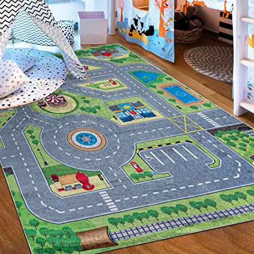 Mazovia Kinderzimmerteppich Antirutsch - Waschbar bis 30 Grad - Spielteppich Straße Stadt Straßenteppich - Kurzflor Kinderteppich für Kinderzimmer - ÖKO-TEX Zertifiziert - Bunt Grün 80 x 150 cm
