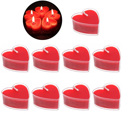 Teelicht Set, 9 Stücke Herzförmige Kerzen Teelichter, Rote Herzförmige Teelichter, Romantische Kleine Kerzen aus Pflanzenwachs, Perfekte Herz Deko für Valentinstag, Heiratsantrag, Hochzeit & Party