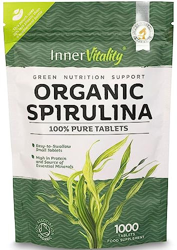 Organic Spirulina 1000x Pure Easy to Swallow Tablets - Rich in Essential Vitamins & Minerals by Inner Vitality