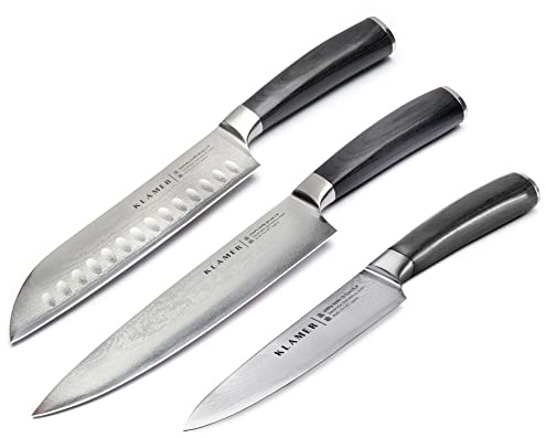 KLAMER Premium Damastmesser 3er Messerset, japanischer Damaszener Stahl | Die 67 Lagen mit 61 HRC bleiben ultrascharf, im 13-Grad-Schnittwinkel schneiden sie Fleisch, Fisch, Obst und Gemüse mühelos