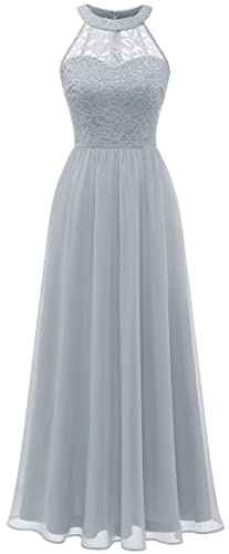 Wedtrend aftonklänning dam lång halterneck klänning dam cocktailklänning elegant för bröllop examensklänning chiffong spetsklänning, GRÅ, L