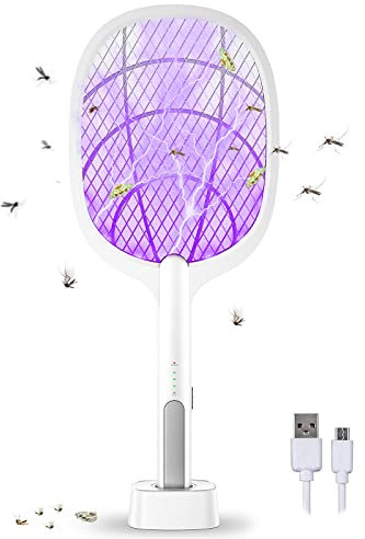 Raquette Électrique Insectes 2 en 1, Tapette à Mouche Électrique avec Puissante Lampe Piège à Moustiques pour Intérieur et Extérieur