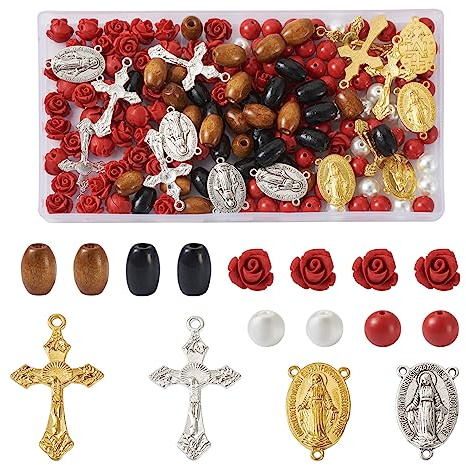Pandahall Rosenkranz-Set, Zimt-Rosen-Perlen, Naturholzperlen, Kruzifix, Kreuz-Anhänger, tibetischer Stil, Glieder für Armbänder, Halsketten, Schmuckherstellung, 180 Stück