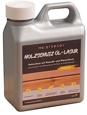 Meisterbox 1L Holzschutzlasur außen wetterfest - Holzöl für den Außenbereich – Wetterschutzfarbe Holz außen - UV-Schutz gegen das Vergrauen