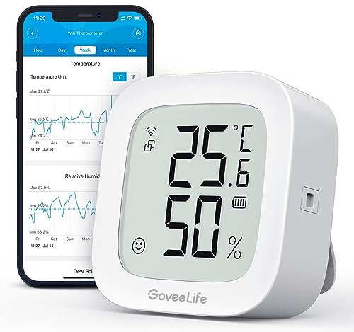 GoveeLife WLAN Hygrometer Thermometer, Digital Temperatur und Luftfeuchtigkeitsmesser Innen mit App Benachrichtigungs Alarm & Datenspeicherung, Fernkontrolle Geeignet für Schlafzimmer, Weinkeller