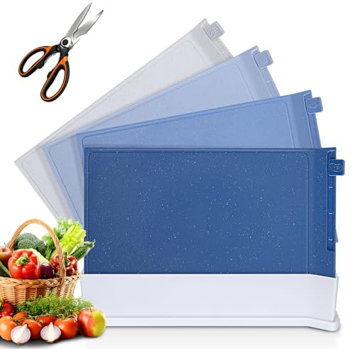 OZD Lot de 4 Planche a Decouper Index - Planche à Découper Plastique de Cuisine avec Support de Rangement pour Viande, Légumes, Fruits, Alimentaires PP-Matériel Sans BPA - 1 Ciseaux Multifonctions