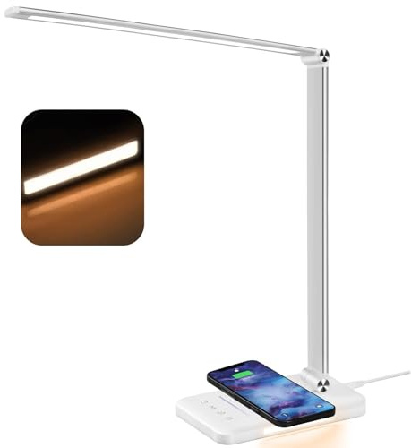 Schreibtischlampe, LED-Tischlampe mit kabellosem Qi-Ladegerät, 10 W, USB-Ladefunktion, 1200 Lux LED-Schreibtischlampe, dimmbar, Leselampe, Nachtlicht, Speicherfunktion, empfindliche Steuerung, 6000 K,