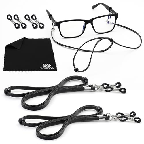 SIGONNA Eyeglass Strap Holders - Premium ECO Leather Eye Glass String Strap - Eyeglass Chain for Women Men - Eye Glass Accessory Chain Around Neck - 2 Cords (Black)