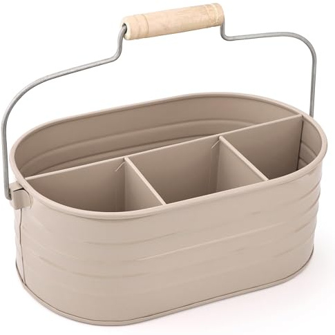Alpha Living Home Multi-Functional Utensil Silverware Caddy – 4-Compartment Organizer for Kitchen, Party & Office – Durable Beige Powder-Coated Iron Alloy with Wooden Handle