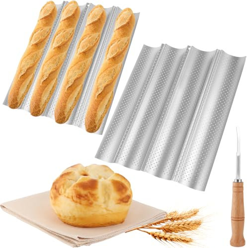 SHUESS 2 bandejas para hornear baguette antiadherentes con toalla de masa y cuchillo de pan, molde para baguette de acero al carbono para 4 baguettes por forma, molde para baguette, molde para