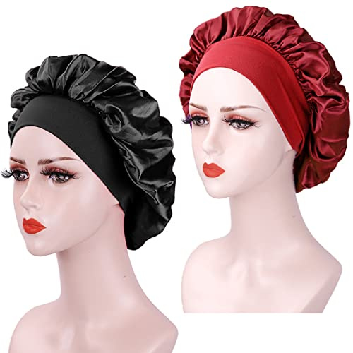 2PCS Silk Bonnet for Sleeping - Soft Satin, Colorful Silk Hair Bonnets with Elastic Band for Curly Hair (Black+Wine)