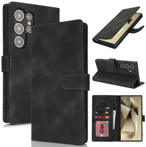 Zouzt Hülle für Samsung Galaxy S24 Ultra, Premium PU Leder, Vintage Schwarz | Handyhülle mit Kartenfächern, Magnet Klapp Schutzhülle, Stoßfeste TPU-Innenhülle, Frauen Männer, Leather Wallet Phone Case