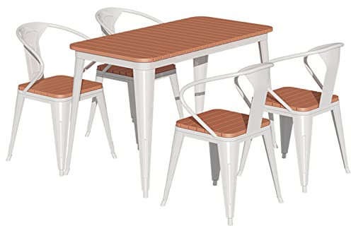 Stapelstuhl-Set für den Außenbereich, Kunststoff, Holz, mit Tisch, langlebig und leicht zu verstauen, starke Tragfähigkeit, inklusive 4/6 Stühlen, ideal für Garten, Terrasse (Weiß, 1 Tisch, 4 Stühle)
