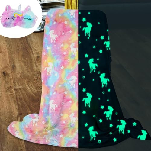 BITOYO Coperta Flanella Unicorno per Bambini, si Illuminano al Buio con Motivi a Stelle e Pony, Regalo per Ragazzi e Ragazze con Maschera per Dormire