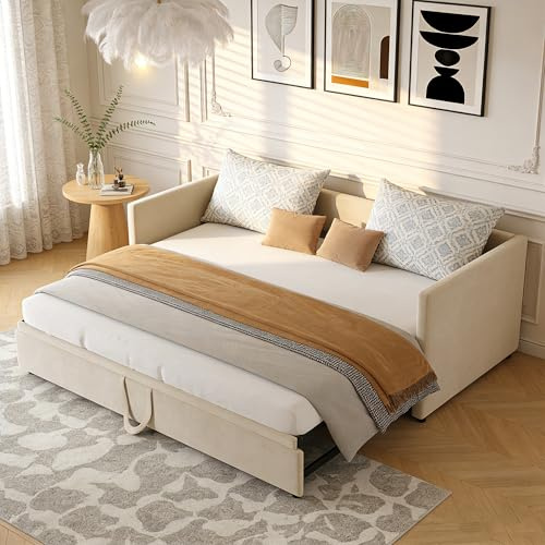 DAHUEN Bäddsoffa 90/180 x 200 cm, 2-sits soffa med utdragbar säng, ribbotten, sammetstyg, beige och madrass ingår inte (beige)