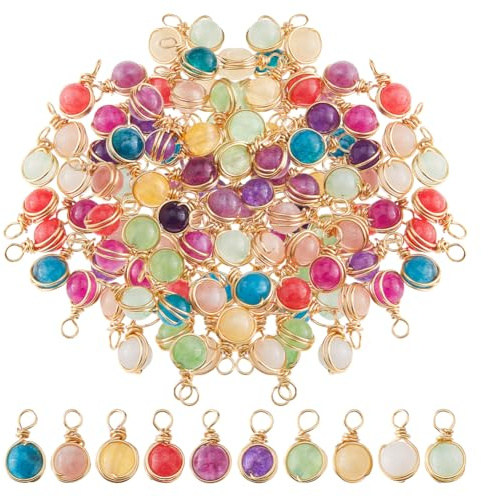 SUPERFINDINGS 60Pcs 10 Colors Natural Stone Pendants Round Pendants Quartz Crystal Stone Charms Beads Charms Gold Copper Wire Wrapped Pendants for DIY Jewelry Making
