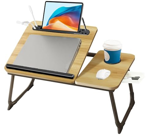 Bureau pour ordinateur portable, table de lit pour ordinateur portable avec pieds pliables, porte-gobelet, tiroir de rangement et port de charge USB, bureau pour ordinateur portable adapté pour le