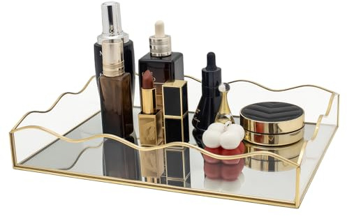 Dekorativ bricka, SLHEQING stor spegelbricka, rektangulär badrum bricka glas kosmetika arrangör guld vanity makeup arrangör för sminkbord matbord badrum sovrum