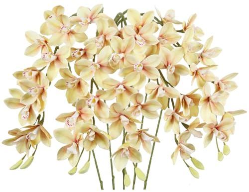 IPOPU 5 Pcs Real Touch Faux Orchid Champagne Orchid Artificial Flowers with Long Stem for Wedding Party Centerpiece Bridal Bouquet DIY Home Living Room Decoration
