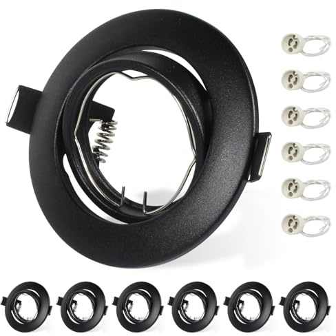 Allesgute 6X GU10 Downlights for Ceiling Round Matte Black Mounting Frame for Recessed Ceiling Lights 360° Tilt Swivel Spotlight Fittings with GU10 Lampholder, Cutout: 68-85mm, No Bulbs