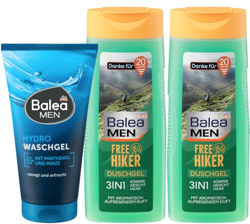 Balea MEN 3er-Set Körperpflege: Waschgel Hydro erfrischt mit Panthenol & Minze für jeden Hauttyp, 150 ml + Duschgel Free Hiker 3in1 für Gesicht, Körper, Haar mit aromatischem Duft, 2 x 300 ml (750 ml)