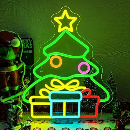 SIGNSHIP Árbol de Navidad Regalos Neon Led, Árbol de Navidad Regalos Luces Neon,Letrero Led con Interruptor Regulable para Decoración de Pared Fiestas Navideñas Dormitorio Año Nuevo Negocio